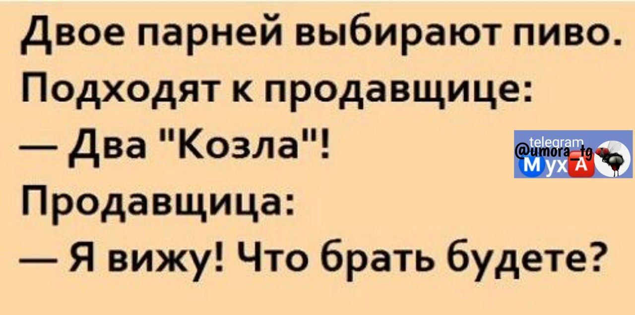 Двое парней выбирают пиво Подходят к продавщице Два Козла Продавщица Я вижу Что брать будете