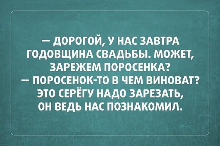 ДОРОГОЙ У НАС ЗАВТРА ГОДОВЩИНА СВАДЬБЫ МОЖЕТ ЗАРЕЖЕМ ПОРОСЕНКА ПОРОСЕНОК ТО В ЧЕМ ВИНОВАТ ЭТО СЕРЁГУ НАДО ЗАРЕЗАТЬ ОН ВЕДЬ НАС ПОЗНАКОМИЛ