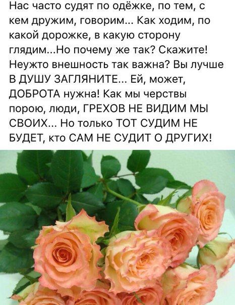 Нас часто судят по одёжке по тем с кем дружим говорим Как ходим по какой дорожке в какую сторону тлядимНо почему же так Скажите Неужто внешность так важна Вы лучше ВДУШУ ЗАГПЯНИТЕ Ей может ДОБРОТА нужна Как мы черствы порою люди ГРЕХОВ НЕ ВИДИМ МЫ СВОИХ Но только ТОТ СУДИМ НЕ БУДЕТ КТО САМ НЕ СУДИТ О ДРУГИХ