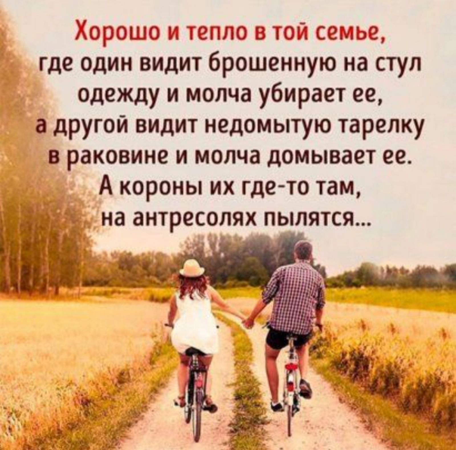 Хорошо и тепло в той семье где один видит брошенную на стул одежду и молча убирает ее а другой видит недомытую тарелку в раковине и молча доиывает ее А короны их где то там иа антресолях пылятся