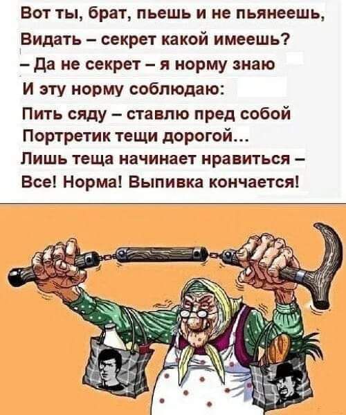 Вот ты брат пьешь и не пьянеешь Видать секрет какой имеешь Да не секрет я норму знаю И эту норму соблюдаю Пить сяду ставлю пред собой Портретик тещи дорогой Лишь теща начинает нравиться Все Норма Выпивка кончается