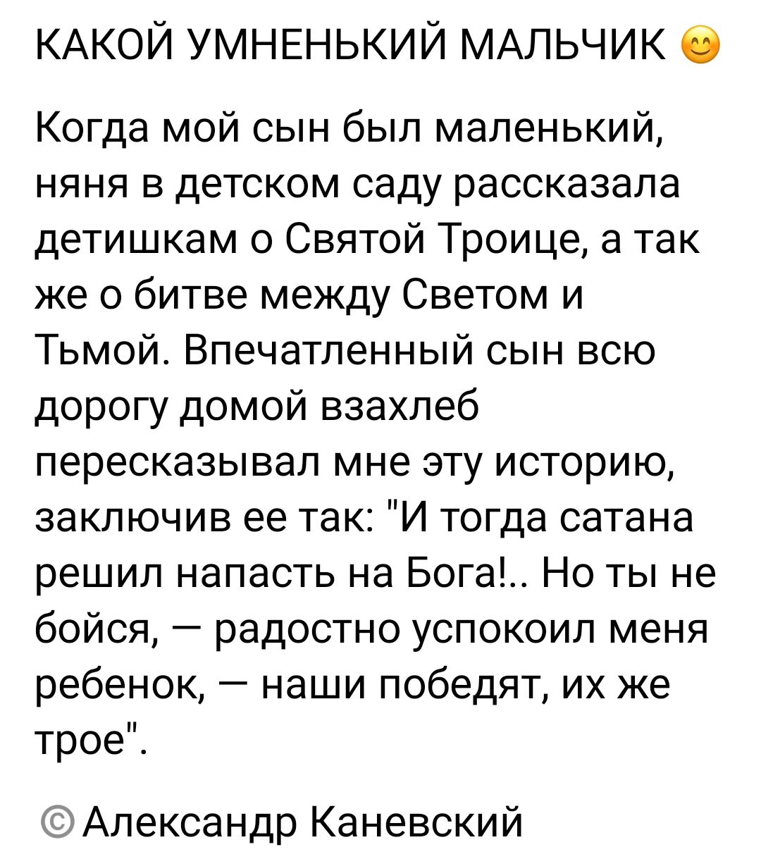 КАКОЙ умнвнький МАЛЬЧИК 6 Когда мой сын был маленький няня в детском саду рассказала детишкам о Святой Троице а так же о битве между Светом и Тьмой Впечатленный сын всю дорогу домой взахлеб пересказывал мне эту историю заключив ее так И тогда сатана решил напасть на Бога Но ты не бойся радостно успокоил меня ребенок наши победят их же трое Александр Каневский