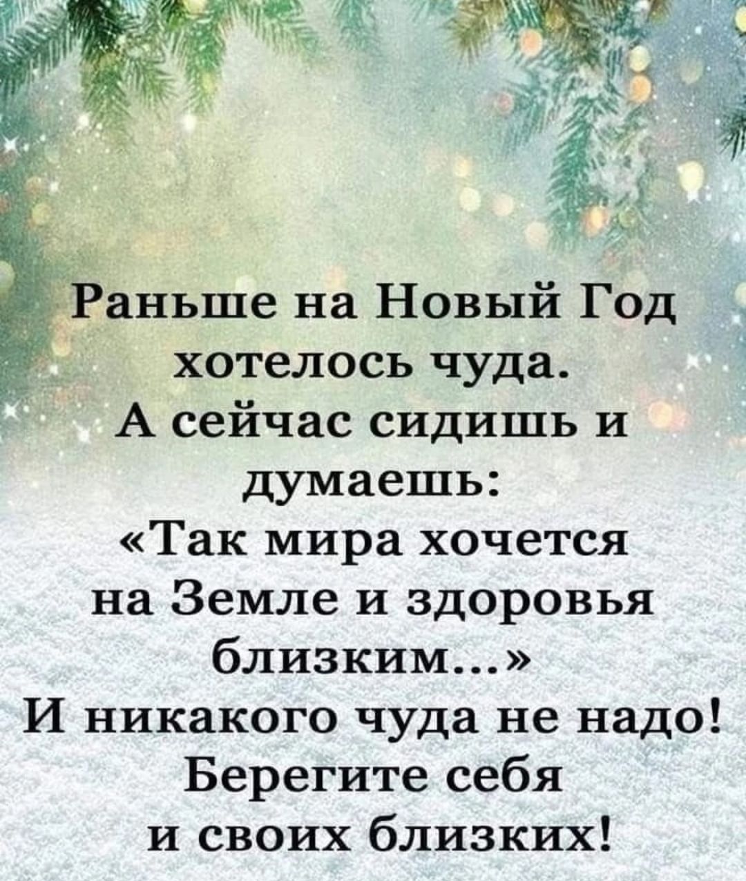 аньше на Новый Год хотелось чуда А сейчас сидишь и думаешь Так мира хочется на Земле и здоровья близким И никакого чуда не надо Берегите себя и своих близких