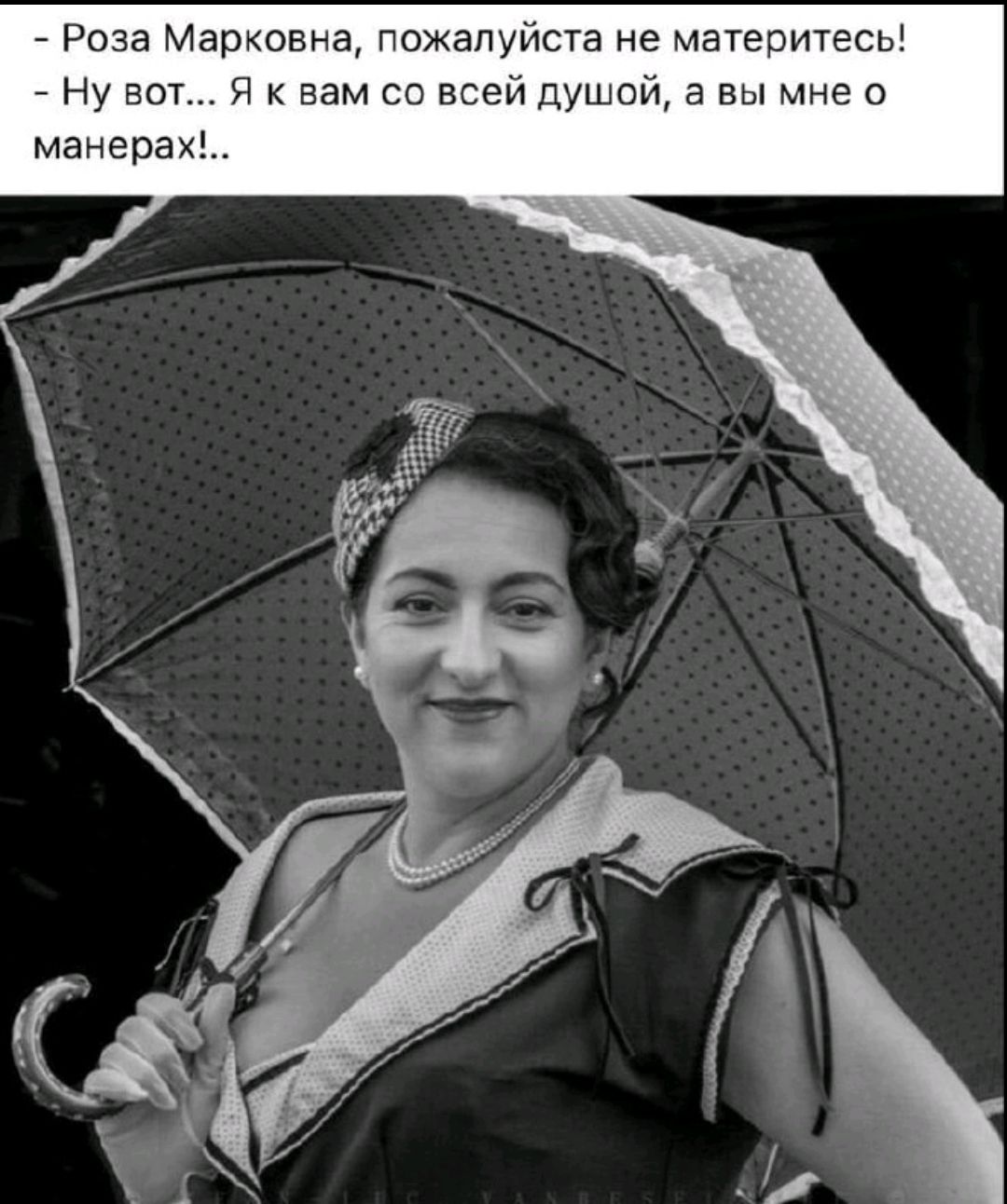 - Роза Марковна, пожалуйста не материтесь! - Ну вот... Я к вам со всей душой, а вы мне о манерах!..