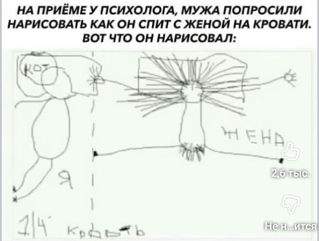 НА ПРИЁМЕ У ПСИХОЛОГА, МУЖА ПОПРОСИЛИ НАРИСОВАТЬ КАК ОН СПИТ С ЖЕНОЙ НА КРОВАТИ. ВОТ ЧТО ОН НАРИСОВАЛ: