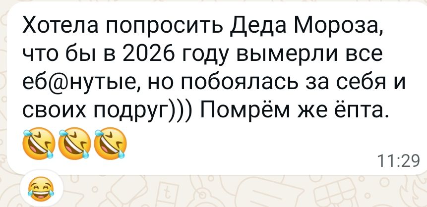 Хотела попросить Деда Мороза, чтобы в 2026 году вымерли все еб@нутые, но побоялась за себя и своих подруг))) Помрём же ёпта.