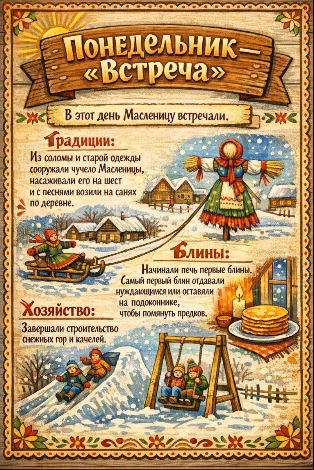 Понедельник — «Встреча». В этот день Масленицу встречали. Традиции: из соломы и старой одежды делали чучело Масленицы, вешали на шест и с песнями катили на санях по деревне. Блины: пекли первые блины, отдавали их нуждающимся или оставляли на подоконнике. Хозяйство: заканчивали строительство снежных гор и качелей.