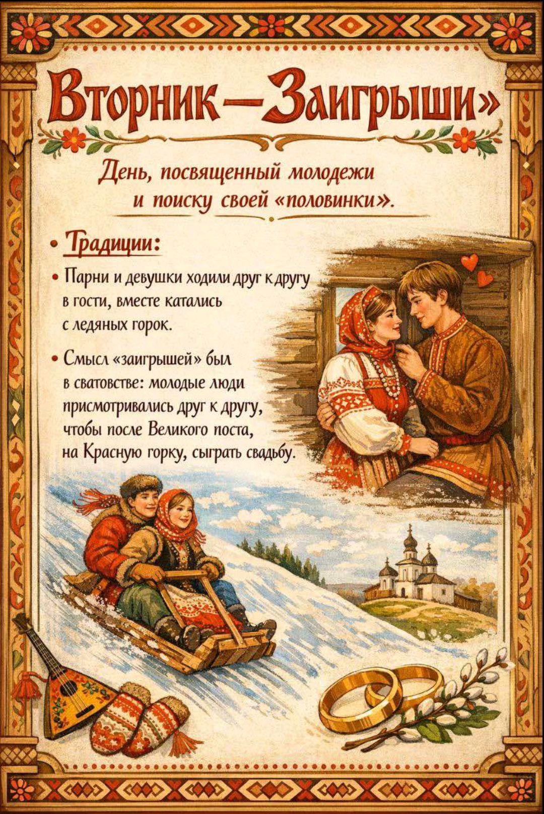 Вторник – Заигрыши. День, посвященный молодёжи и поиску своей «половинки». Традиции: • Парни и девушки ходили друг к другу в гости, вместе катались с ледяных горок. • Смысл «заигрышей» был в сватовстве: молодые люди присматривались друг к другу, чтобы после Великого поста, на Красную горку, сыграть свадьбу.