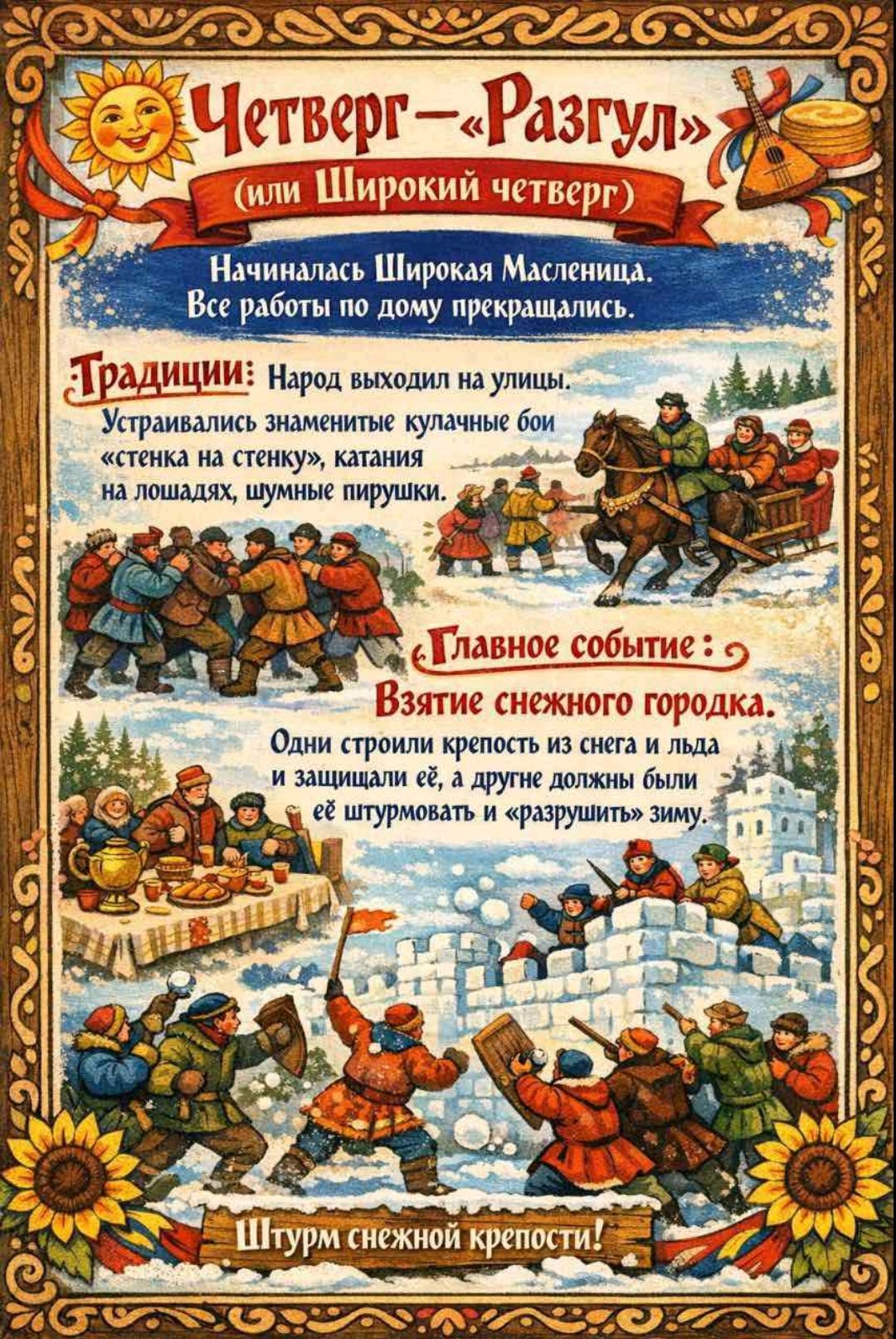 Четверг — Разгул (или Широкий четверг). Начиналась Широкая Масленица. Все работы по дому прекращались. Традиции: народ выходил на улицу, устраивались кулачные бои «стенка на стенку», катания на лошадях, шумные пирушки. Главное событие: взятие снежного городка — строили крепость из снега и льда и защищали её, а другие должны были её штурмовать и «разрушить» зиму. Штурм снежной крепости!