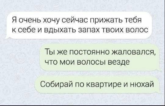 Я очень хочу сейчас прижать тебя К себе И БДЫХЕТЬ запах ТВОИХ ВОЛОС ТЫ же ПОСТОЯННО ЖЭЛОБЗПСЯ ЧТО МОИ ВОЛОСЫ везде Собирай по квартире и нюхай