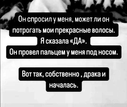 Он спросил у меня может ли он потрогать мои прекрасные волосы Я сказала ДА Он провел пальцем у меня под носом Вот так собственно драка и началась