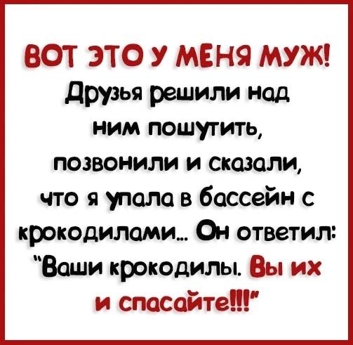 ВОТ ЭТО У МЕНЯ МУЖ Друзья решили над ним пошутить позвонили и сказали что я упала в бассейн с крокодилами Он ответил Вани крокодилы Вы их и спасайте