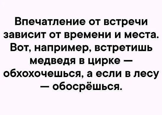 Впечатление от встречи зависит от времени и места Вот например встретишь медведя в цирке обхохочешься а если в лесу обосрёшься