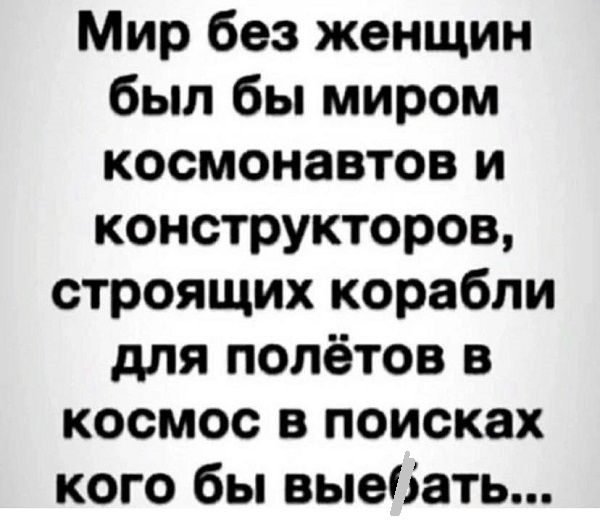 Мир без женщин был бы миром космонавтов и конструкторов строящих корабли для полётов в космос в поисках кого бы выебать