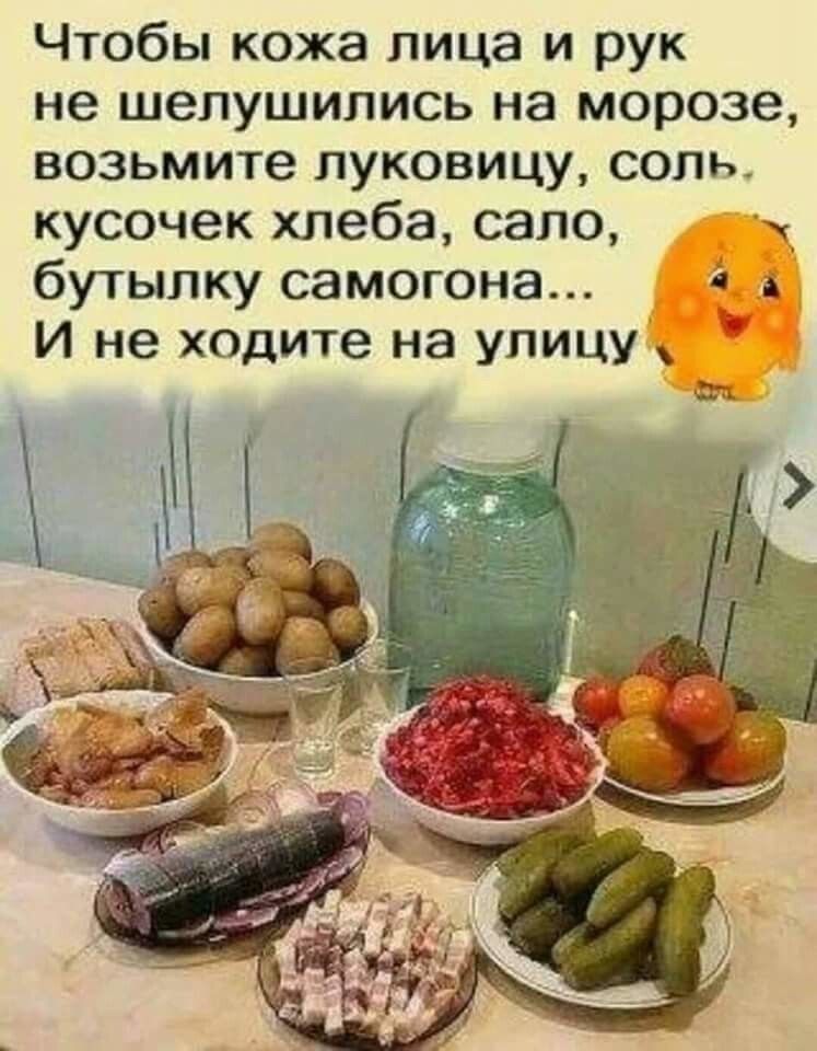 Чтобы кожа лица и рук не шепушились на морозе возьмите луковицу соль кусочек хлеба сало бутылку самогона И не ходите на улицу