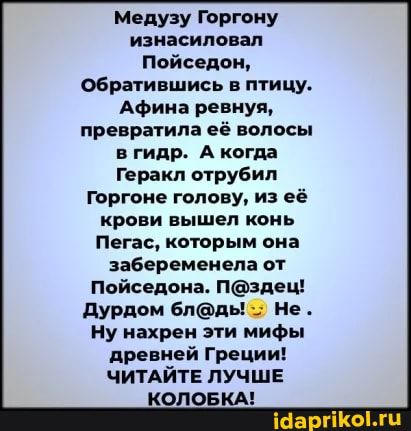 Медуау Горгоиу изнасиловал Пойседон Обратившись в птицу Афина ревнуя превратила её волосы в гипр А когда Геракл отрубил горгоне голову из её крови вышел конь Пегас которым она забеременела от Пойседона Нзпец дурдом Блдь Не Ну нахрен эти мифы древней Греции ЧИТАЙТЕ лучше КОЛОБКА