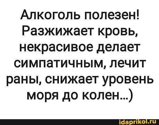 Алкоголь полезен Разжижает кровь некрасивое делает симпатичным лечит раны снижает уровень моря до колен