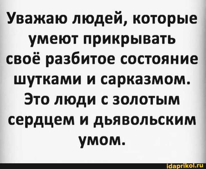 Уважаю людей которые умеют прикрывать своё разбитое состояние шутками и сарказмом Это люди с золотым сердцем и дьявольским умом