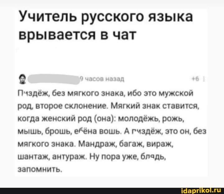 Учитель РУССКОГО ЯЗЫКЗ врывается В ЧЗТ тадж без мягкого знака ибо по мужской род втрое склонение Мягкий знак паники когда жеиский род она молодежь рожь мышь брошь вошь А гчэдеж это он без мягкого знака Мандраж багаж вираж шащаж амураж Ну пора уже бпчдьг запомнить