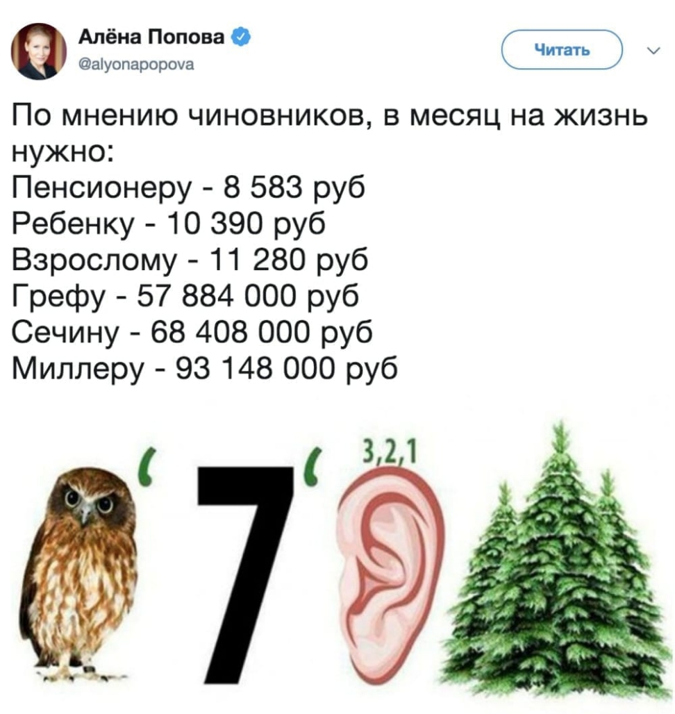 Алёна Попова 0 Читать аіуопаророуа По мнению чиновников в месяц на жизнь нужно Пенсионеру 8 583 руб Ребенку 10 390 руб Взрослому 11 280 руб Грефу 57 884 000 руб Сечину 68 408 000 руб Миллеру 93 148 000 руб 321