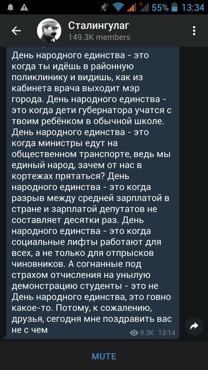 А г 551334 _ Сталингулаг 149 ЗК тетЬегз день народного единства это когда ты идёшь в районную поликлинику и видишь как из кабинета врача выходит мэр города День народного единства это когда дети губернатора учатся с твоим ребёнком в обычной школе День народного единства это когда министры едут на общественном транспорте ведь мы единый народ зачем от нас в кортежах прятаться День народного единства
