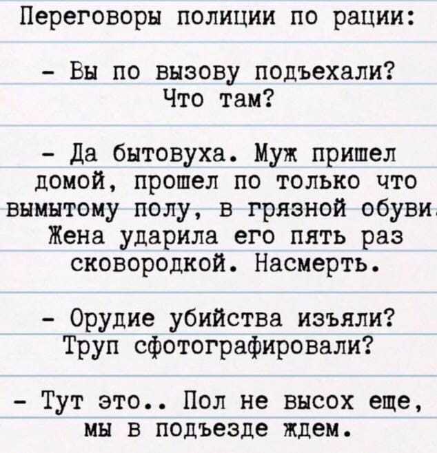Переговоры полиции по рации Вы по вызову подъехали Что там Да бытовуха Муж пришел домой прошел по только что вымнтому полу в грязной обуви Жена ударила его пять раз сковородкой Насмерть Орудие убийства изъяли Труп сфотографировали Тут это Пол не внсох еще мы в подъезде ждем