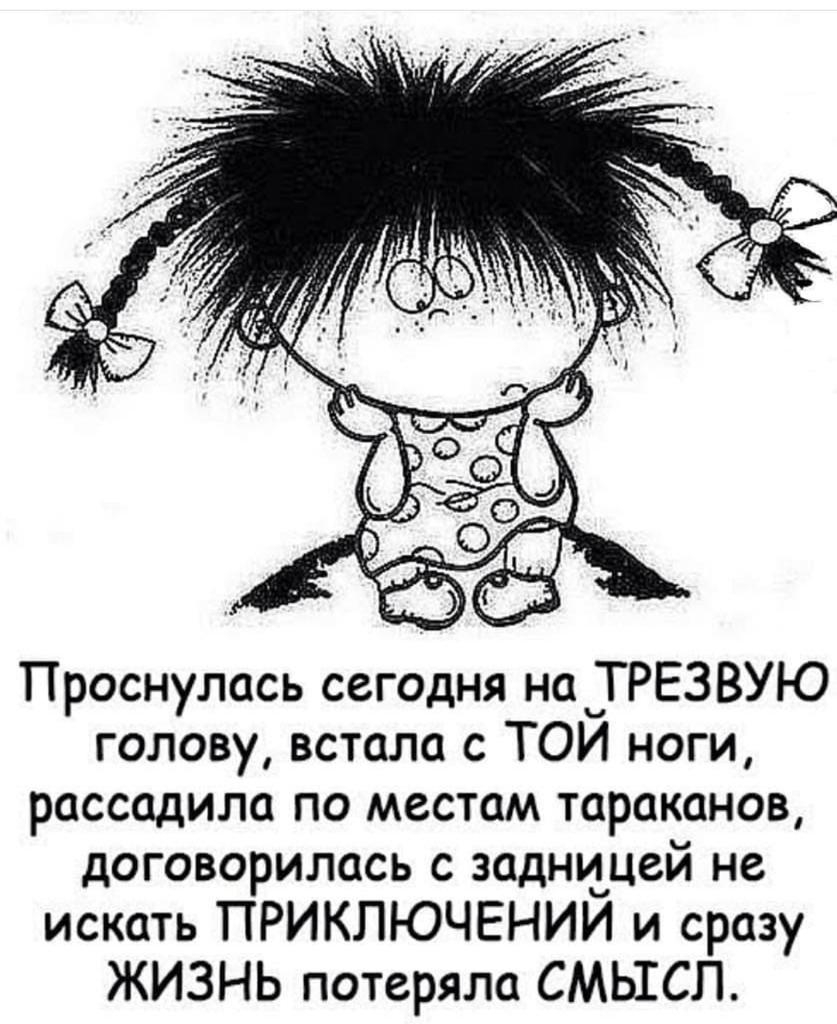 Проснулась сегодня на ТРЕЗВУЮ голову встала с ТОЙ ноги рассадила по местам тараканов договорилась с задницей не искать ПРИКЛЮЧЕНИИ и сразу ЖИЗНЬ потеряла СМЫСЛ