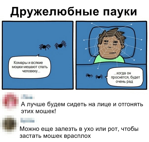 Дружелюбные пауки Комары и всякие мошки мешают спать человеку кеша он проснется будет очень рад А лучше будем сидеть на лице и отгонять этих мошек Можно еще залезть в ухо или рот чтобы ЗЭСТЗТЬ мошек врасплох