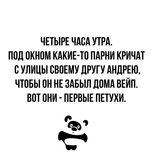 ЧЕТЫРЕ ЧАОА УТРА ПОД ОКНОМ КАКИЕ ТО ПАРНИ КРИЧАТ О УЛИЦЫ СВОЕМУ ЛРУГУ АНДРЕЮ ЧТОБЫ ОН НЕ ЗАБЫЛ ДОМА ВЕЙП ВОТ ОНИ ПЕРВЫЕ ПЕТУХИ Ъэ