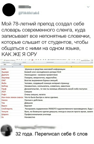 Мой 78 летний препод создал себе словарь современного сленга куда записывает все непонятные словечки которые слышит от студентов чтобы общаться с ними на одном языке КАК ЖЕ Я ОРУ зад Шумина средетвох массовой информации Эшнере Боевой клич молодёжного рэгерь РАСЕ Дрим месжиданно нанвное приветствие Ззажоор Позор неприлично достойно ом Воклас выражения бурных эмоций ен Челове созданий ложную интерне