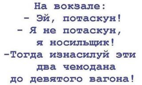 На вокзале Эй потаскун Я не потаскун я носильщик ТОгда изнасилуй эти два чемодана до девятого вагона