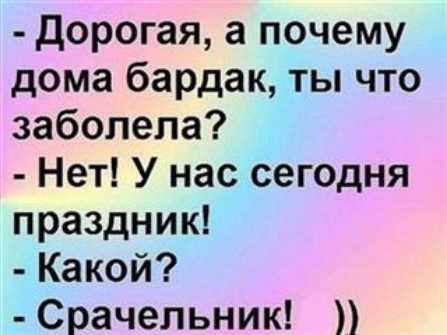 дорогая а почему дома бардак ты что заболела Нет У нас сегодня праздник Какой Срачельник