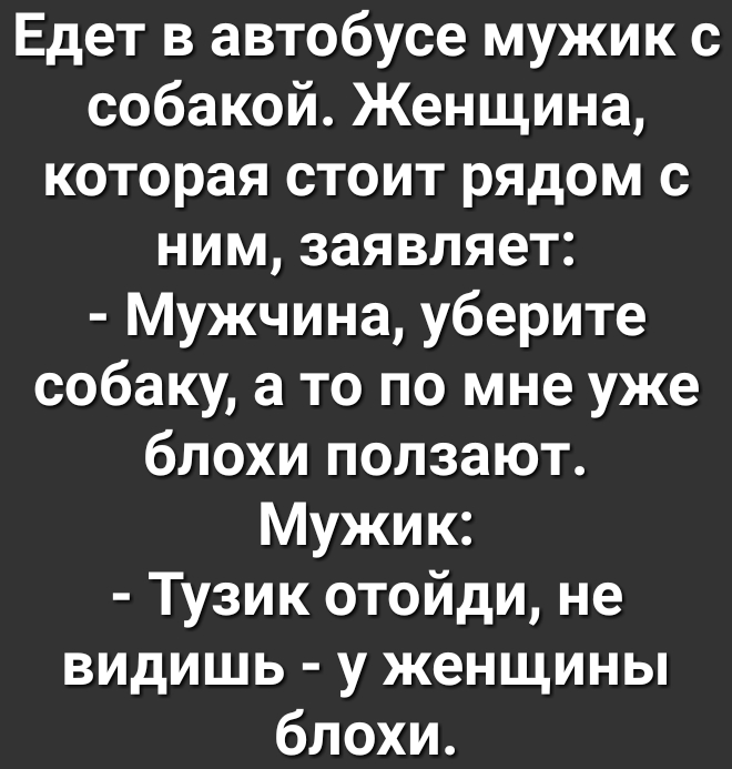 Едет в автобусе мужик с собакой Женщина которая стоит рядом с ним заявляет Мужчина уберите собаку а то по мне уже блохи ползают Мужик Тузик отойди не видишь у женщины блохи