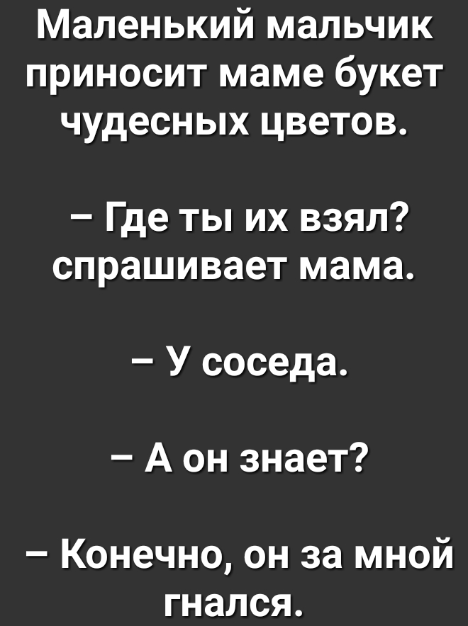 Маленький мальчик приносит маме букет чудесных цветов Где ты их взял спрашивает мама У соседа А он знает Конечно он за мной гнался