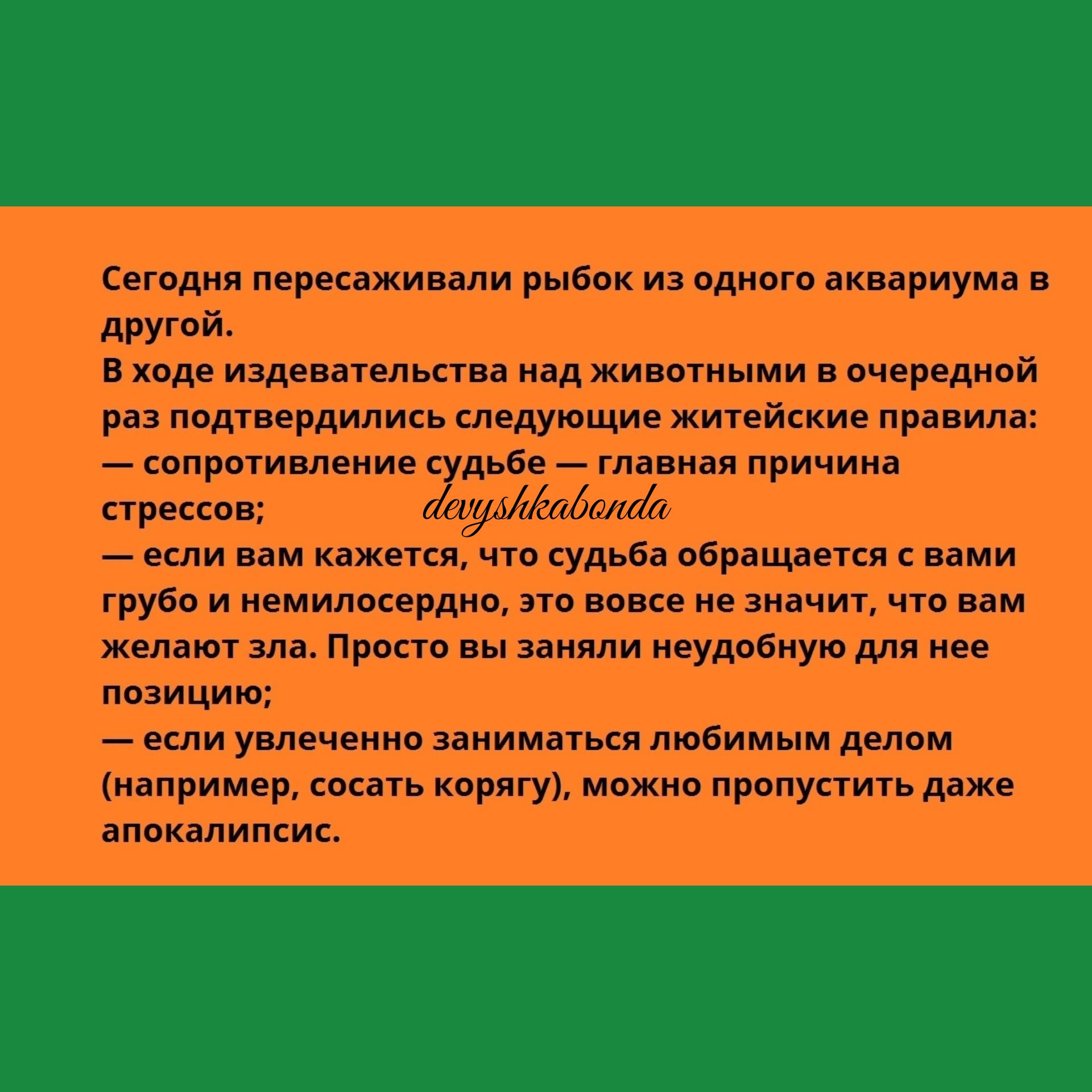 Сегпднл лересаживали рыбок из одивго аквариума в другой в хпде изденательпва над животными очереднвй раз подтвердились следующие житейские правила _ сопротивление дьне Главная причина щ Хэдмиф _ если ннм кажется что удьба пбращается вами грубп и немилееердне по веке не значит чгп вам желают аля Пропо вы заняли неудебиую для нее позицию _ если увлеченно заниммьш любимым делом например сосать керигу