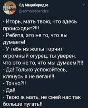 3РЗРГПЦЁШХГ111С Игорь мать твою что здесь происходит Ребята это не то что вы думаете У тебя из жопы торчит огромный огурец ты уверен что это не то что мы имеем да Только успокойтесь клянусь я не веган Точно да Твою ж мать не смей нас так больше пугать