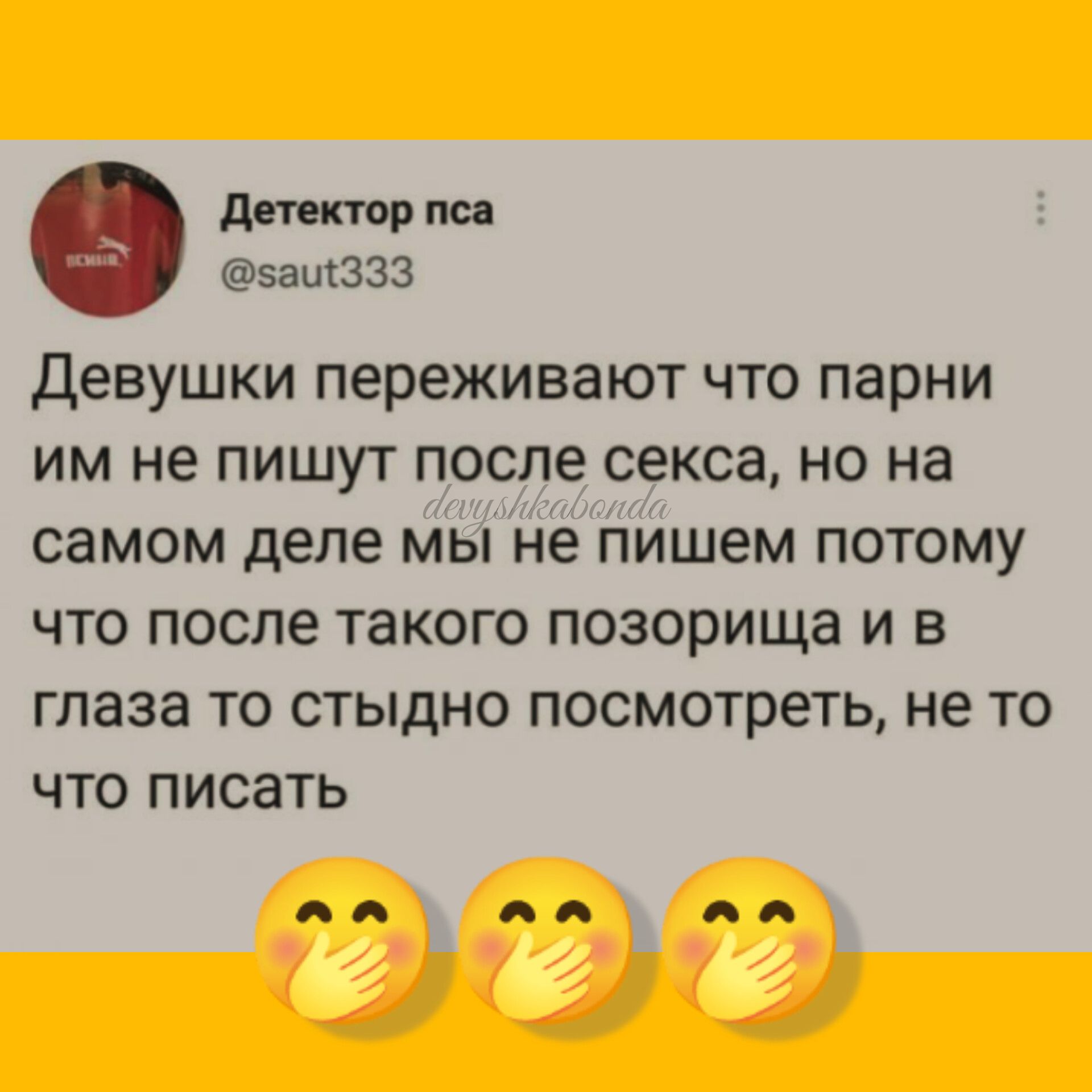 диктор по защЗЗЗ Девушки переживают что парни им не пишут после секса но на самом деле мы не пишем потому что после такого позорище и в глаза то стыдно посмотреть не то что писать яя яя яя