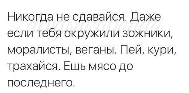 Никогда не сдавайся Даже если тебя окружили зожники моралисты веганы Пей кури трахайся Ешь мясо до последнего