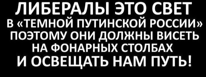 ЛИБЕРАЛЫ ЭТО СВЕТ В ТЕМНОЙ ПУТИНСКОЙ РОССИИ ПОЭТОМУ ОНИ ДОЛЖНЫ ВИСЕТЬ НА ФОНАРНЫХ СТОЛБАХ И ОСВЕЩАТЬ НАМ ПУТЬ