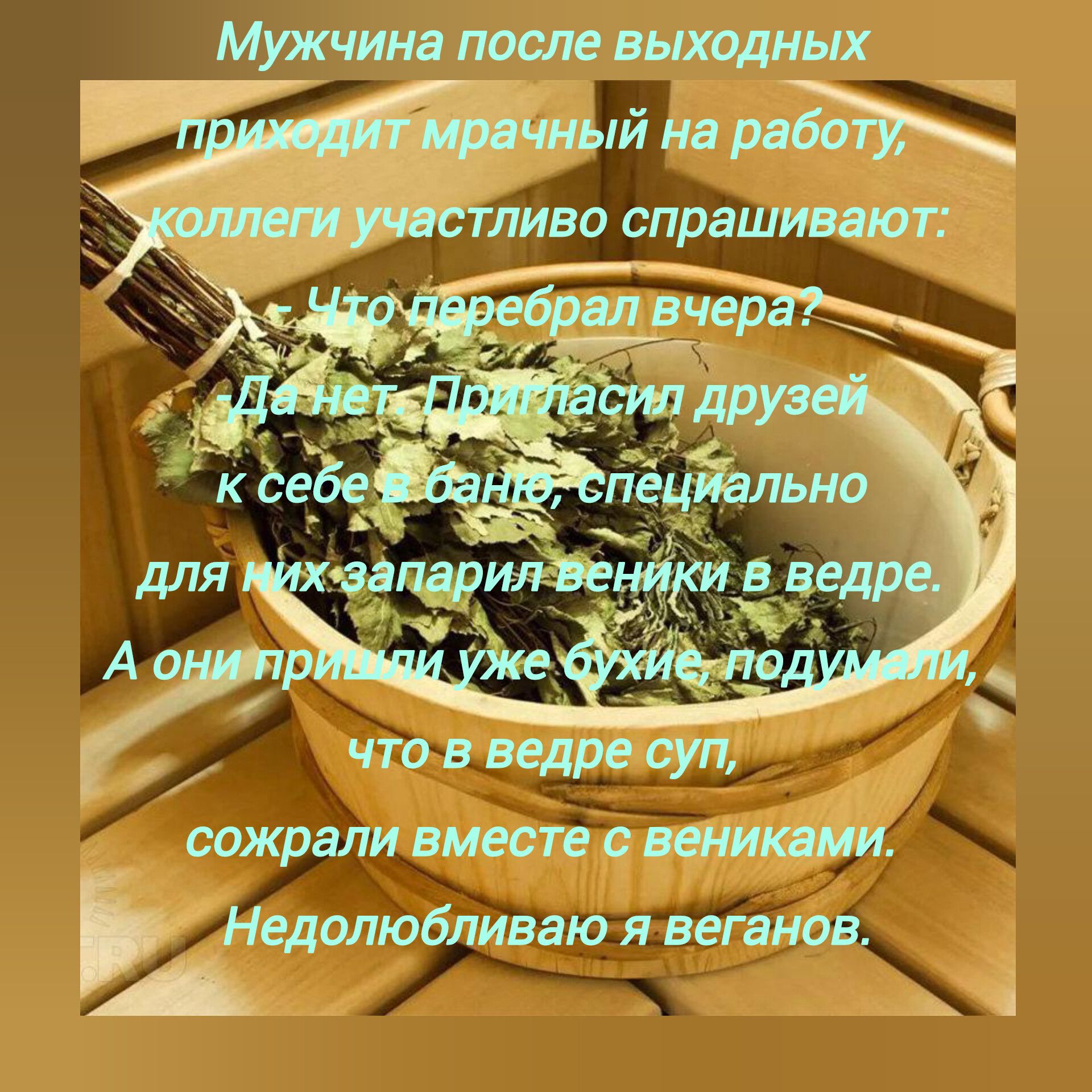 Мужчина после выходных приходит в мрачном настроении на работу, коллеги спрашивают: Что перебрал вчера? Да нет — пригласил друзей к себе в баню, специально для них запарил венички в ведре. А они пришли уже хуже, подумали, что в ведре суп, съели вместе с вениками. Недолюбовал я веганов.