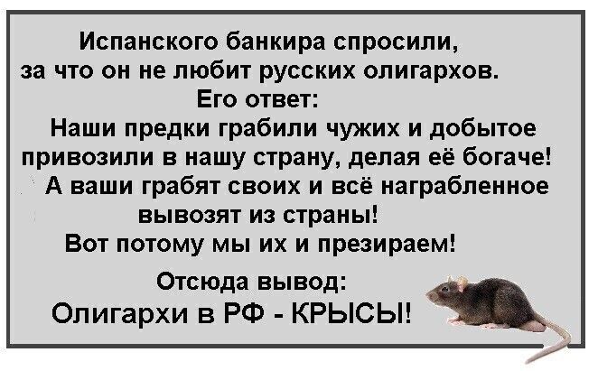 Испанского банкира спросили за что он не любит русских олигархов Его ответ Наши предки грабили чужих и добытое привозили в нашу страну делая её богаче А наши грабят своих и всё награбленное вывозят из страны Вот потому мы их и растираем Отсюда вывод Олигархи в РФ крысы