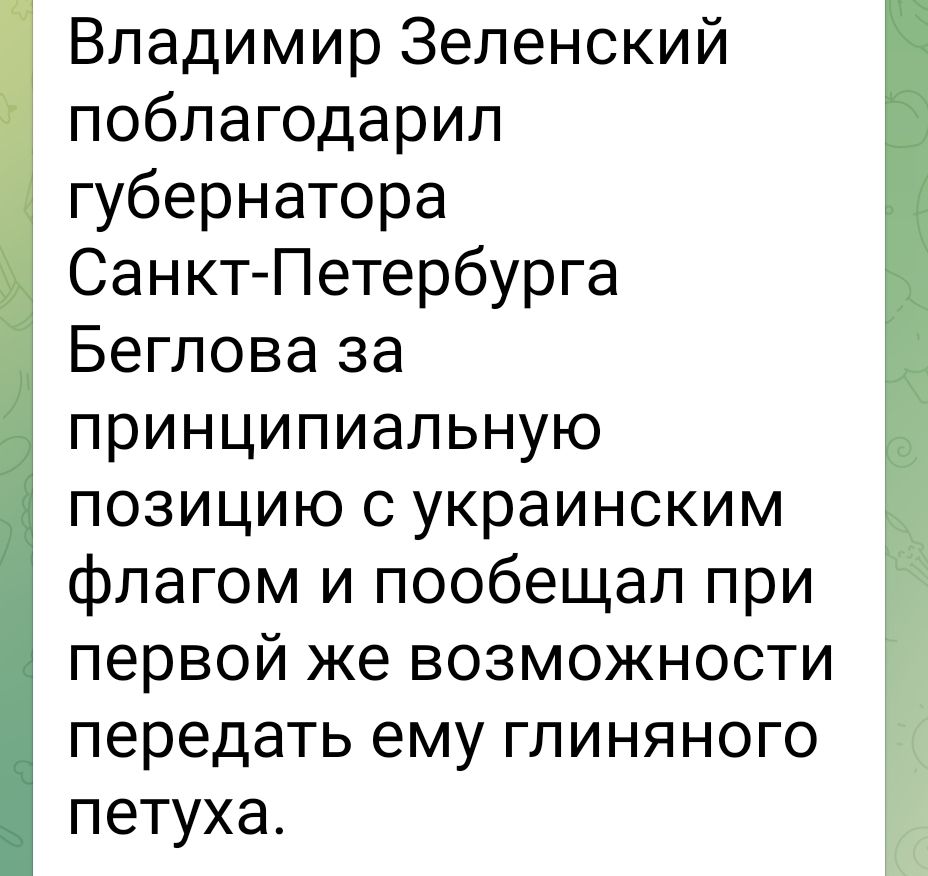 Владимир Зеленский поблагодарил губернатора СанктПетербурга Беглова за принципиальную позицию с украинским флагом и пообещал при первой же возможности передать ему глиняного петуха