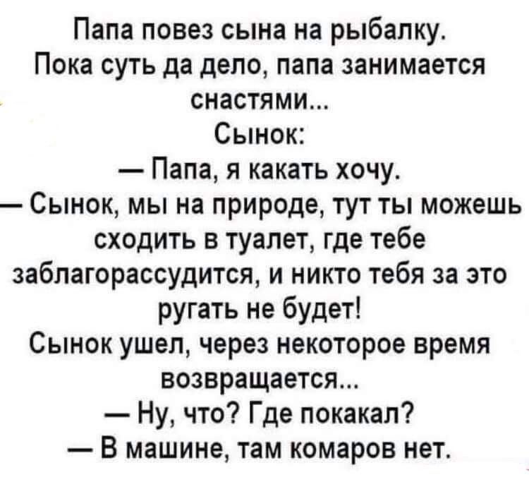 Папа повез сына на рыбалку Пока суть да дело папа занимается снастями Сынок Папа я какать хочу Сынок мы на природе тут ты можешь сходить в туалет где тебе заблагорассудится и никто тебя за это ругать не будет Сынок ушел через некоторое время возвращается Ну что Где покакал В машине там комаров нет