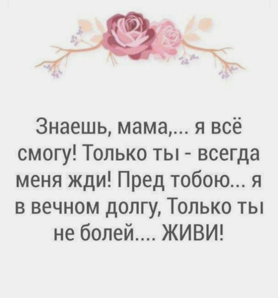 Знаешь мама я всё смогу Только ты всегда меня жди Пред тобою я в вечном долгу Только ты не болей ЖИВИ