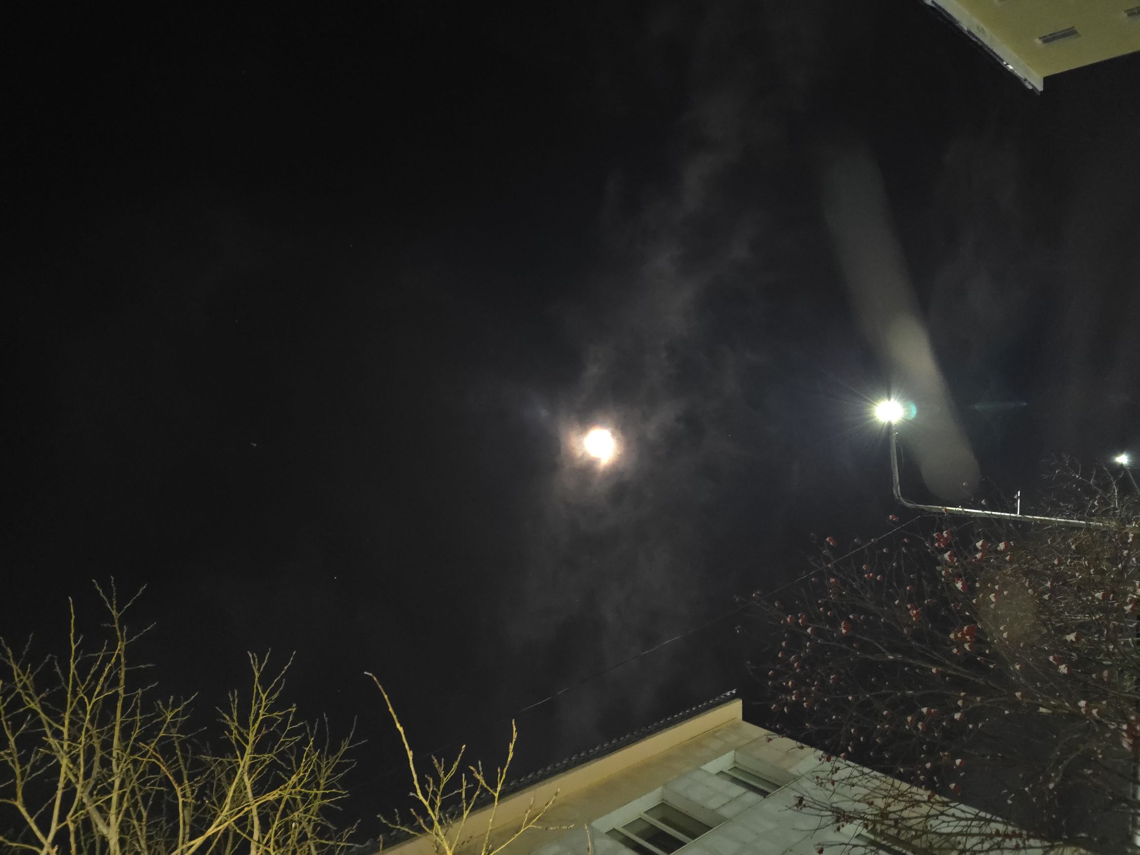 Ночная съемка: луна и уличный свет над зданием