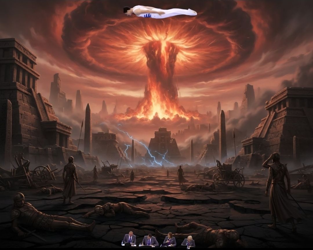 Постапокалиптическая сцена — разрушенный город и гигантский взрыв над центром.