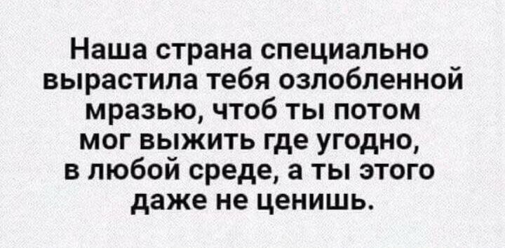 Наша страна специально вырастила тебя озлобленной мразью, чтоб ты потом мог выжить где угодно, в любой среде, а ты этого даже не ценишь.