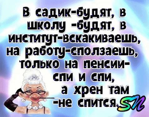 В садик будят в школу будят в инстпуг вскакиваешь на работу еползаешь только на пенсии спи и спи а хрен там __ не сптся