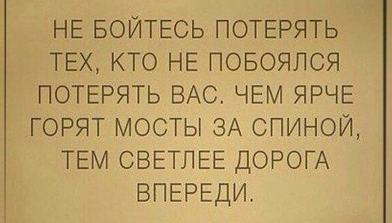 НЕ БОЙТЕСЬ ПОТЕРЯТЬ ТЕХ КТО НЕ ПОБОЯЛСЯ ПОТЕРЯТЬ ВАС ЧЕМ ЯРЧЕ ГОРЯТ МОСТЫ ЗА СПИНОЙ ТЕМ СВЕТЛЕЕ ДОРОГА ВПЕРЕДИ