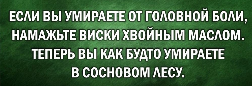 ЕСАИ ВЫ УМИРЪЕЁОТ ГОАОВНОИ БОАИ НАМАЖЬТЕ ВИСКИ ХВОЙНЫМ МАСЮМ ТЕПЕРЬ ВЫ КАК БУАТО УМИРАЕТЕ В СОСНОВОМ АБСУ